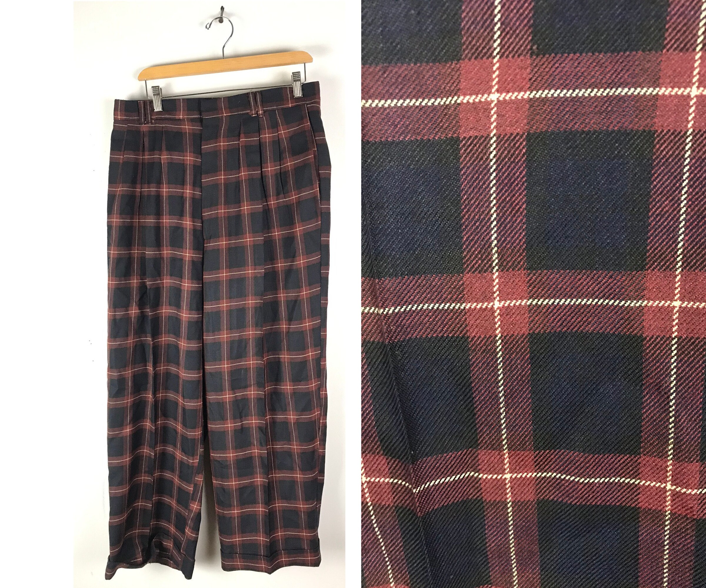 Vintage Black Red \u0026 Blue Plaid Wide Leg 