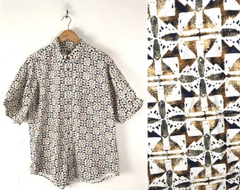 Vintage Mens Abstract Print Shirt, 90s Brown White Button Front Shirt Large/XL, Retro Funky Print Shirt, Wild Abstract Print Button Down