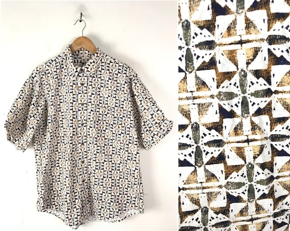 90s Brown & White Abstract Print Button Front Shir