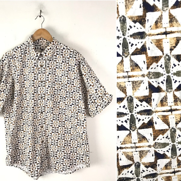 Vintage Mens Abstract Print Shirt, 90s Brown White Button Front Shirt Large/XL, Retro Funky Print Shirt, Wild Abstract Print Button Down