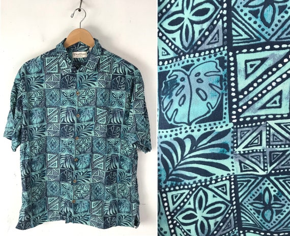 90s Blue Print Hawaiian Shirt Mens Large, Tropical