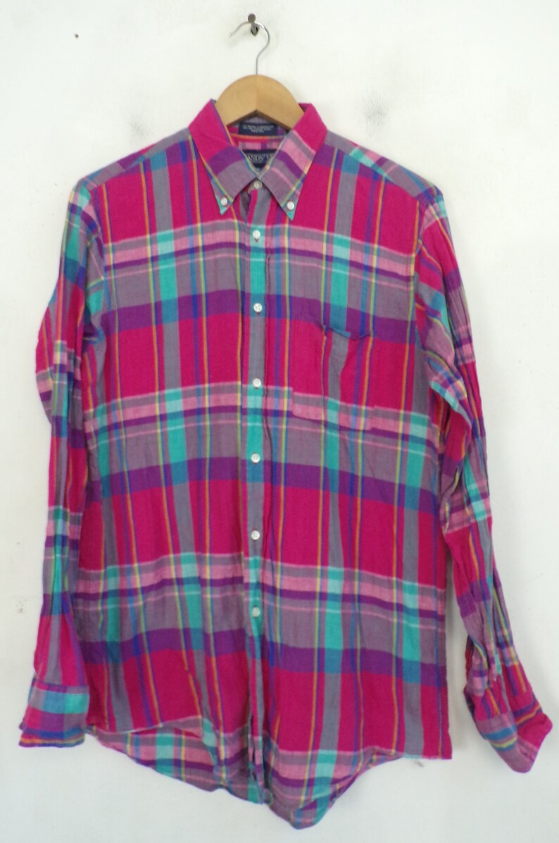 Vintage Hot Pink & Teal Plaid Button Down Shirt Mens Medium | Etsy