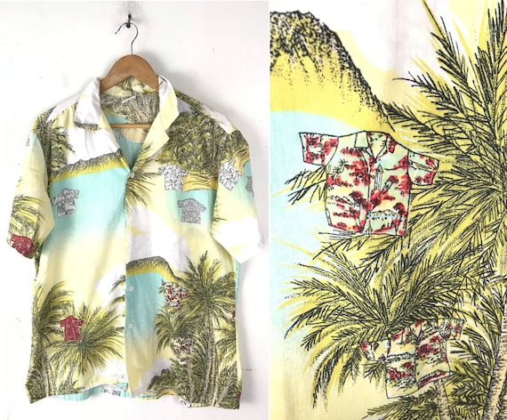 Vintage Hawaiian Shirt Print Shirt Mens Large, Yel