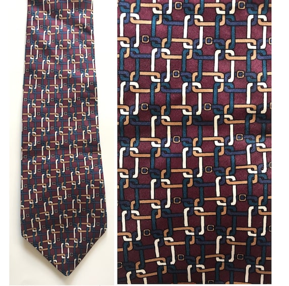90s Red Blue & White Chain Print Tie, Handmade Tie