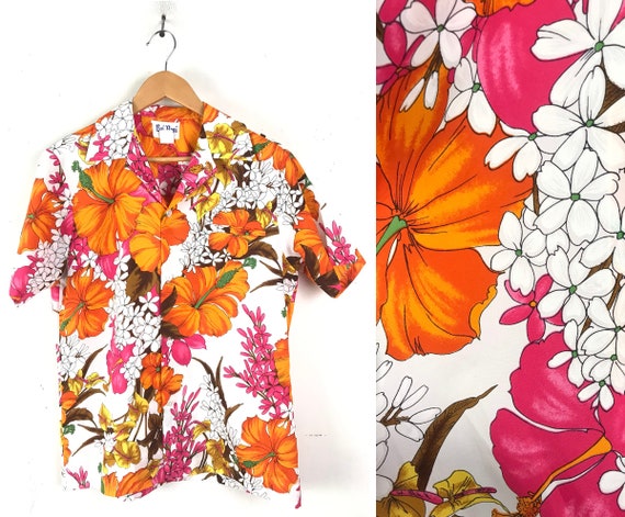 70s Orange & Pink Floral Hawaiian Shirt Mens Mediu