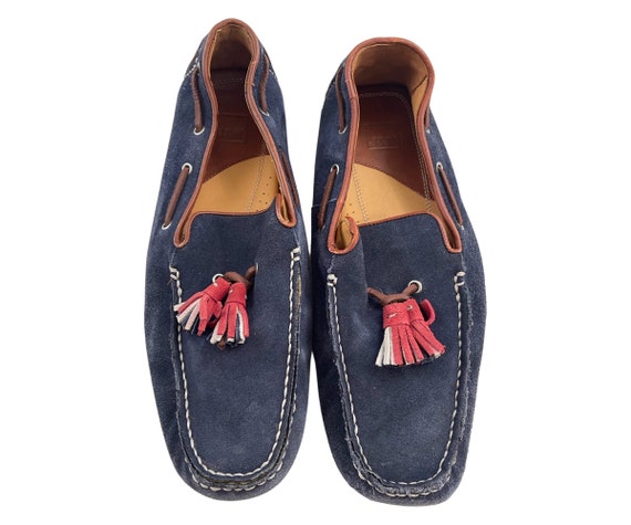 Johnston & Murphy, Vintage Johnston & Murphy Suede Tassel Loafers, Navy Blue Leather Slip Ons, Men's Size 11M