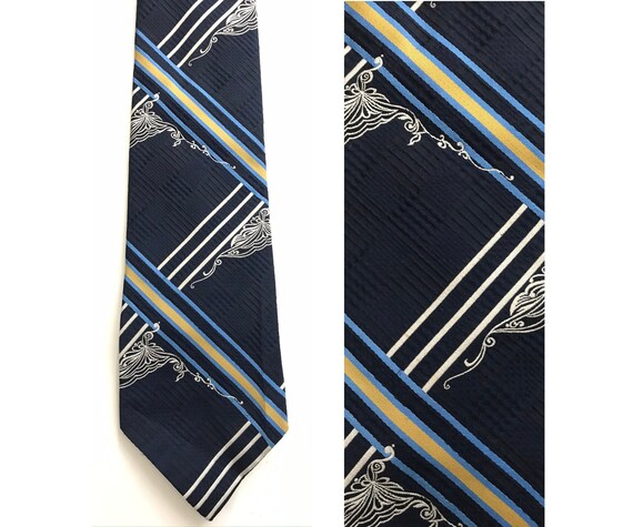 70s Blue Gold & White Abstract Print Wide Tie, Pol