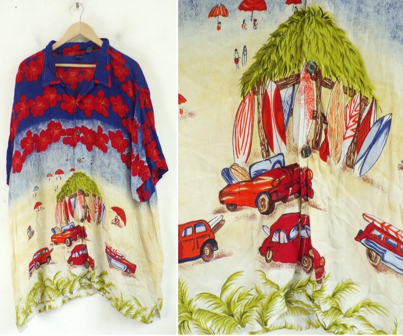 Beach Scene Car Hawaiian Shirt Tropical Beach Shirt Summer Hawaii Mens Hawaiian Shirt 90s Car Beach Print Hawaiian Shirt Mens XXL