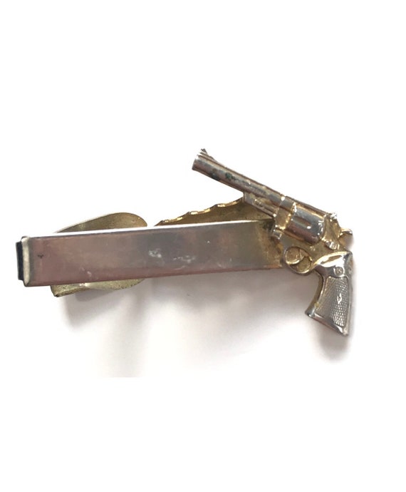 Vintage Faded Gold Revolver Tie Clip, Gun Tie Cli… - image 1