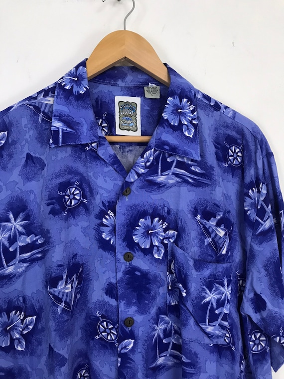 Vintage Mens Nautical Hawaiian Shirt, 90s Blue Wh… - image 3