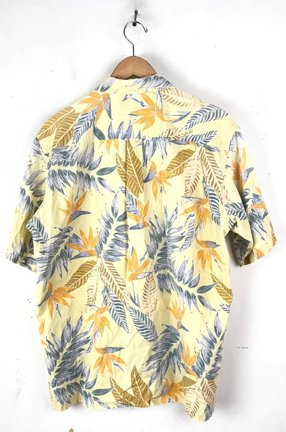 Vintage Yellow & Blue Leaf Print Hawaiian Shirt M… - image 5