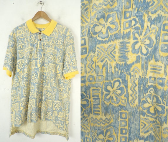 Vintage Mens Hawaiian Print Polo, 90s Yellow & Bl… - image 1