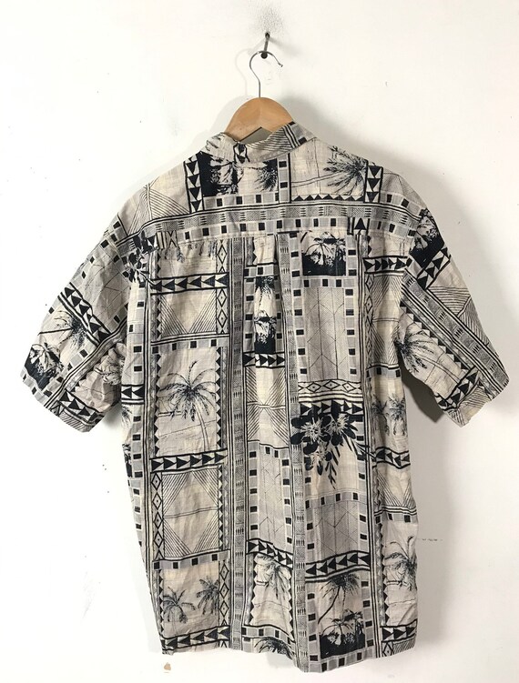 Vintage Mens Hawaiian Shirt, Cream & Black Palm T… - image 7