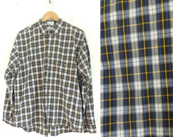 Vintage Mens Plaid Shirt, 1980s Button Down Size XL, Perry Ellis Black Blue & Yellow Shirt,  Classic Plaid Button Down , Perry Ellis, Preppy