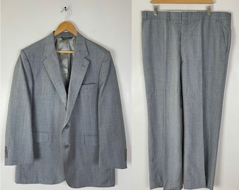 80s Gray Plaid Suit Mens Size 46R & 40W | Vintage Blue Gray Pinstriped Plaid Suit | Formal Event Wedding Mens Suit