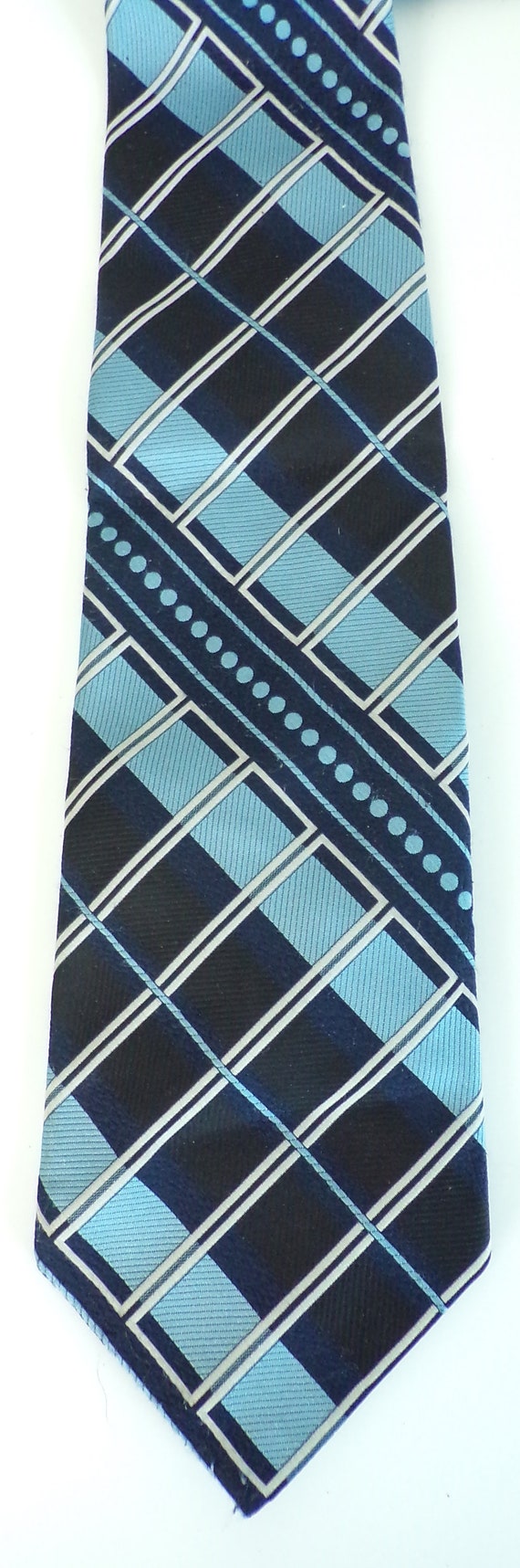 60s Blue & White Geometric Print Wide Tie, Blue W… - image 2