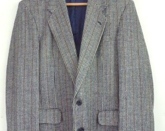 Vintage wollen geruite sportjas, blauw en wit, herenblazer maat 42