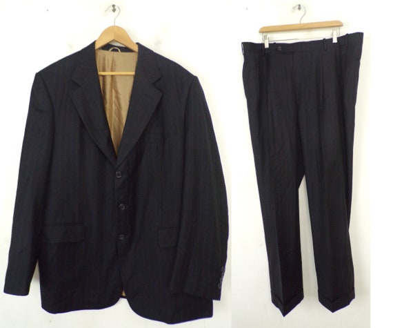 Vintage Black Gold Pinstriped Two Piece Suit Mens
