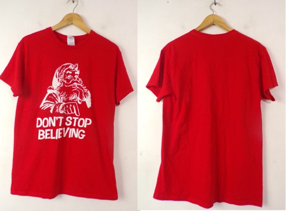 90s Dont Stop Believing Santa Tshirt Mens Medium,… - image 1