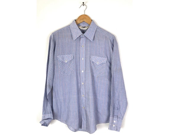 Vintage Mens Western Shirt, Blue & Red Plaid West… - image 1