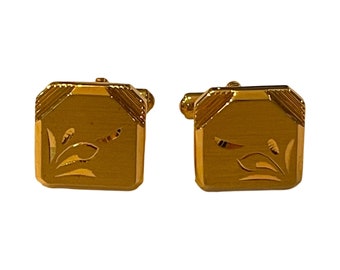 Vintage Gold Floral Cufflinks, Square Bullet Back Mens Jewelry