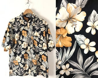 Vintage Black & Orange Floral Hawaiian Shirt Mens Large, Flowered Mens Hawaiian Shirt, Tropical Beach Summer Shirt, Floral Hawaiian Shirt