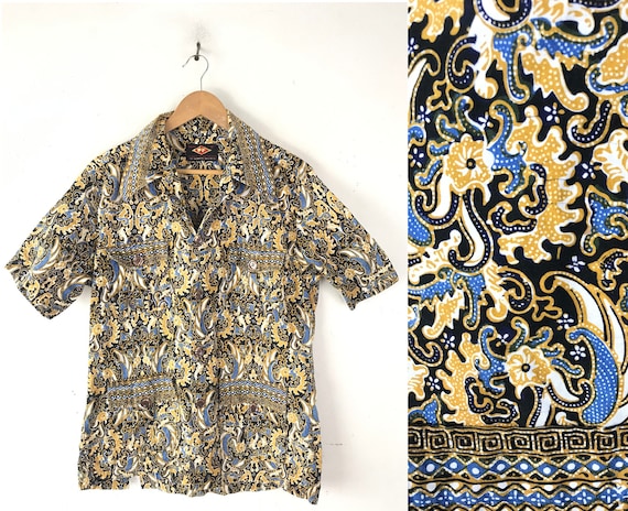 Vintage Gold Black & Blue Abstract Print Shirt Siz