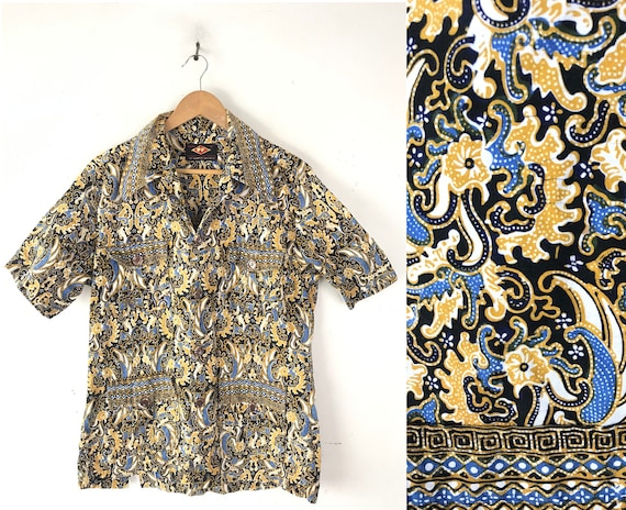 Vintage Mens Abstract Print Shirt, Gold Black Blu… - image 1