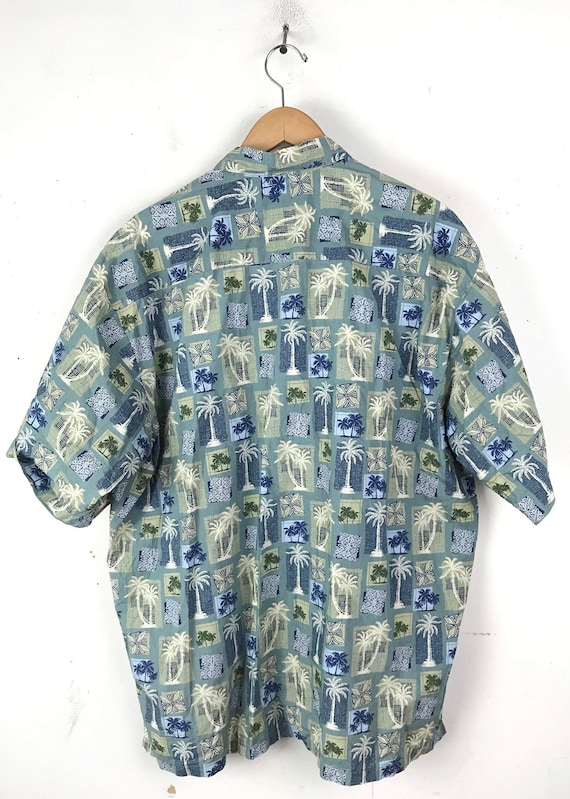 90s Blue & Green Palm Tree Print Hawaiian Shirt M… - image 5