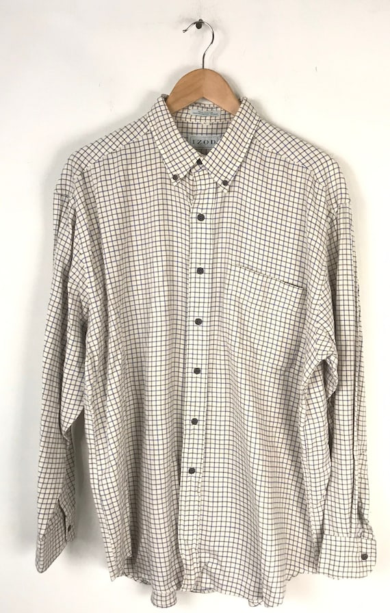 Vintage Mens Plaid Shirt, 90s Izod Cream Blue & G… - image 2