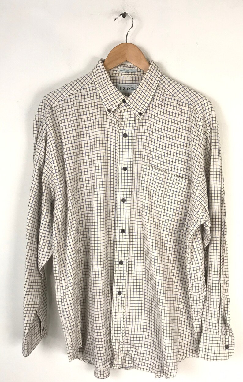 Vintage Mens Plaid Shirt, 90s Izod Cream Blue & Gray Plaid Button Down Shirt Size Large, Preppy Plaid Button Down Shirt, Plaid Mens Shirt image 2