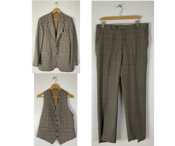Vintage Brown Plaid Three Piece Suit Mens Size 42