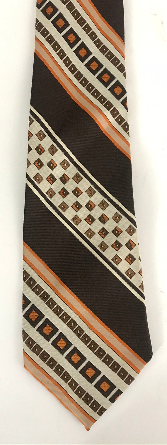 Vintage Mens Geometric Tie, 80s Brown Orange & Wh… - image 2