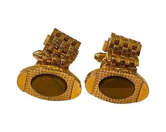 Vintage Gold & Brown Stone Wrap Around Cufflinks, Fancy Oval Wrap Cufflinks, Formal Event Wedding Gold Mens Jewelry