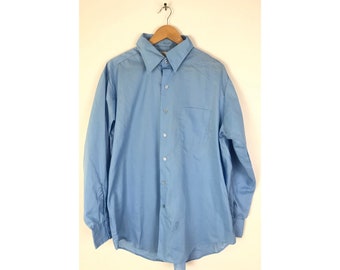 60s Blue Dress Shirt Mens Size 17.5 34 XXL. Vintage Light Blue Button Down Shirt, 1960s Classic Mens Dress Shirt