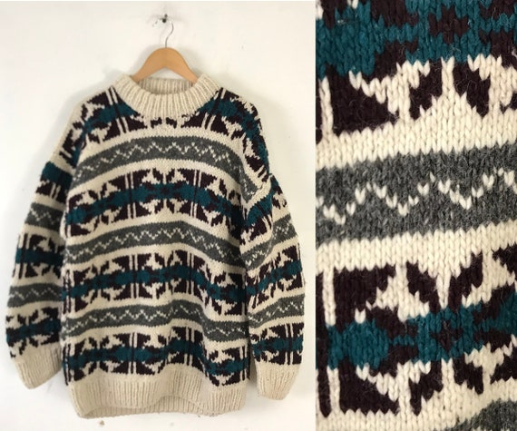 Vintage Mens Hand Knit Print Sweater Large, Cream… - image 1