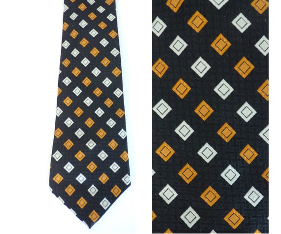 70s Black Orange & White Geometric Wide Tie, Diam… - image 1