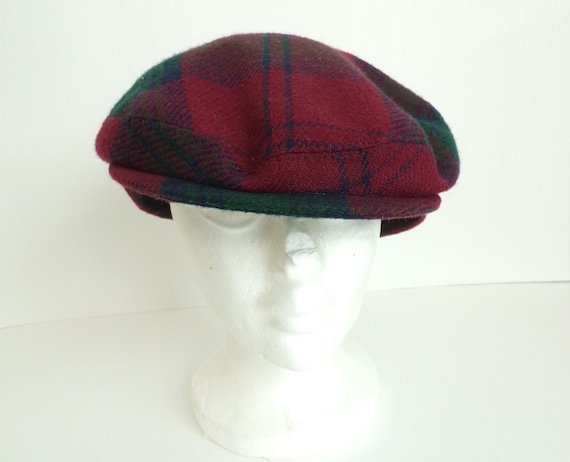 Vintage Red Green & Blue Plaid Newsboy Hat, Red Pl