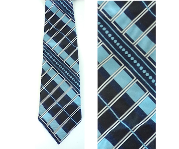 60s Blue & White Geometric Print Wide Tie, Blue W… - image 1