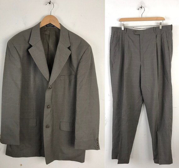 90s Tan Plaid Two Piece Suit Mens Size 43R & 38W,