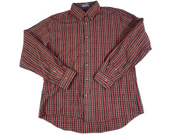 80s Red & Green Plaid Shirt Mens Large | Vintage Preppy Button Down Mens Shirt | Christmas Holiday Plaid Shirt