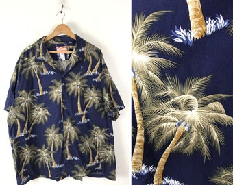 Vintage Mens Hawaiian Shirt,  Dark Blue Palm Tree Shirt Mens Size 4XL, Summer Beach Palm Tree Shirt, Tropical Resort Mens Hawaiian Shirt