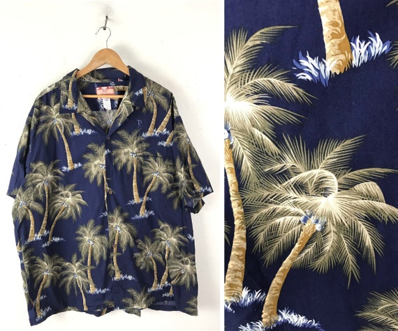 Vintage Mens Hawaiian Shirt,  Dark Blue Palm Tree… - image 1