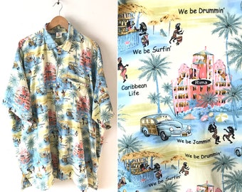 Vintage Mens Hawaiian Shirt, 90s Caribbean Jamaica Life Island Shirt 3XL, We Be Drummin' Jamaica Hawaii Shirt, Colorful Beach Island Shirt