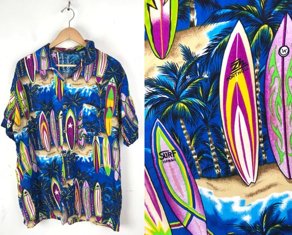 90s Colorful Surfboard Hawaiian Shirt Mens Large,