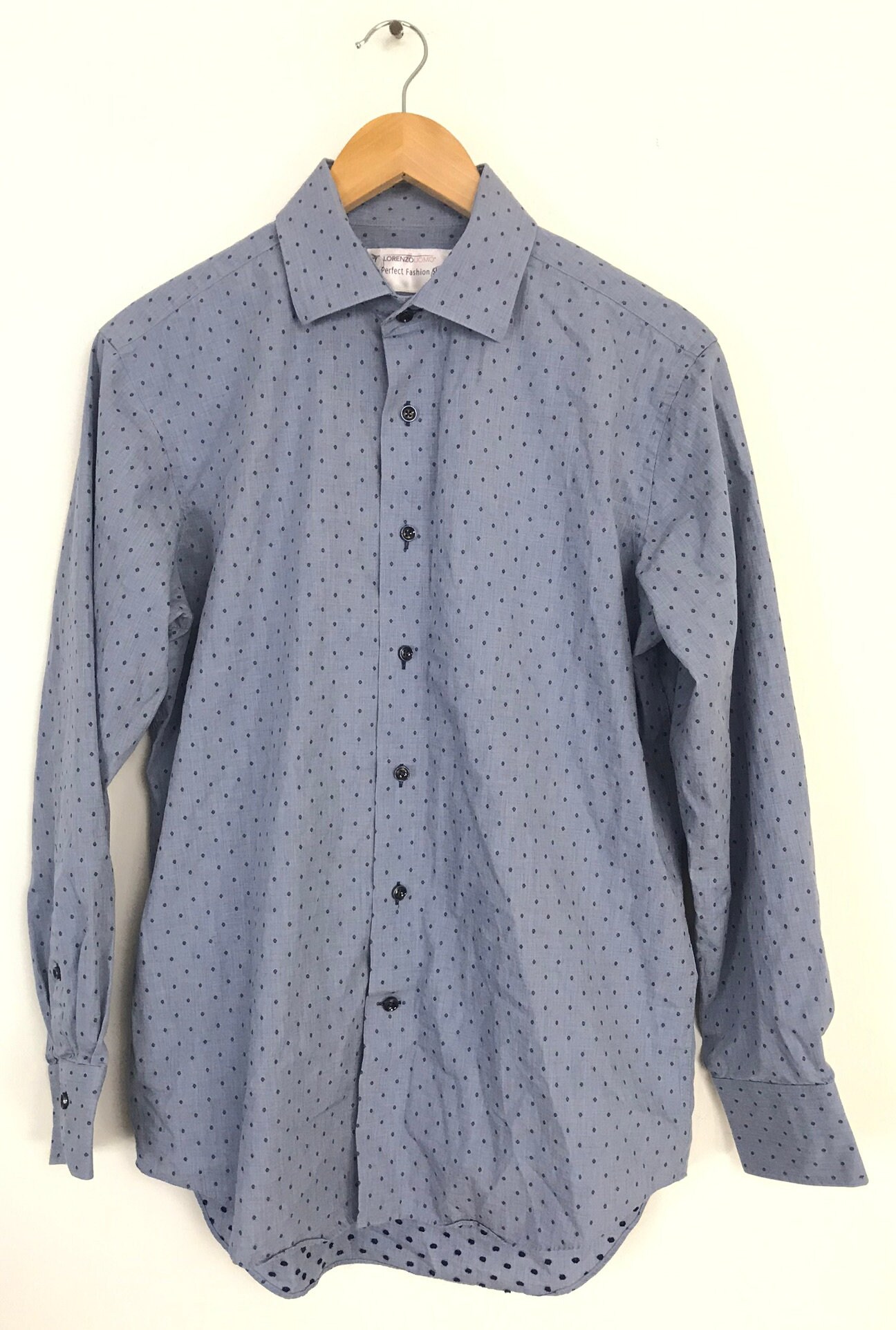 blue polka dot dress shirt mens Michael Kors Mens Navy Printed Point Collar Slim Fit Dress Shirt L