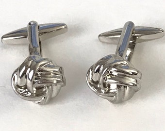 Vintage Silver Knot Cuff Links, Shiny Silver Knot Bullet Back Cufflinks, Formal Event Wedding Groomsman Gift, Classic Silver Cuff Links