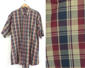 Vintage Mens Plaid Shirt, Brown Red & Blue Button Front , Mens XLT  Short Sleeve Shirt, 90s Plaid Mens Shirt, Brown Plaid Short Sleeve Shirt