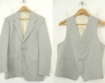 Vintage Mens Levis Blazer & Vest, 1970s Levis Action Suit Light Gray Sport Coat Vest Size 38L, Levi Strauss, Light Gray Suit, Formal Vest