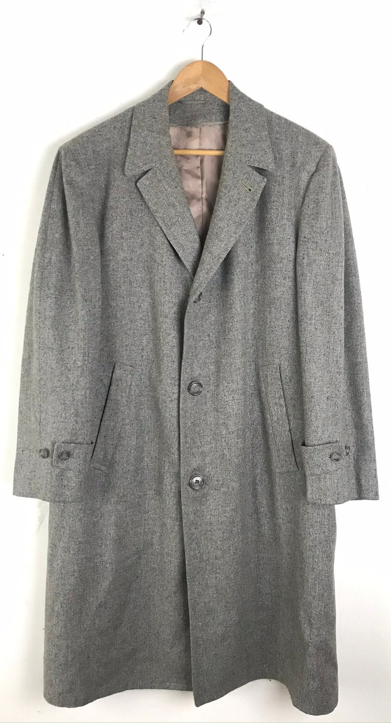 50s Gray Marbled Wool Overcoat with Plaid Lining Mens Size Large High End Coat Vintage Gray Wool Mens Coat 1950s Robert Hall Coat
